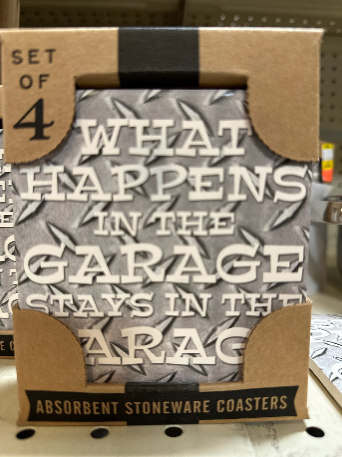 “What Happens in the Garage Stays in the Garage” Absorbent Stoneware Coasters (Set of 4)
