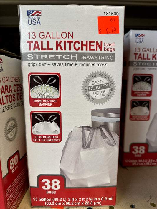 13 Gallon Tall Kitchen Stretch Drawstring Trash Bags