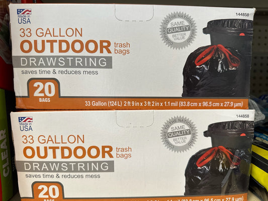 33 Gallon Outdoor Trash Bags with Drawstring (20 Count)