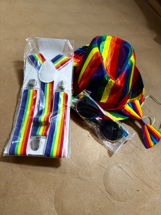Rainbow Pride Accessory Set – Hat, Suspenders, Glasses, Bow Tie